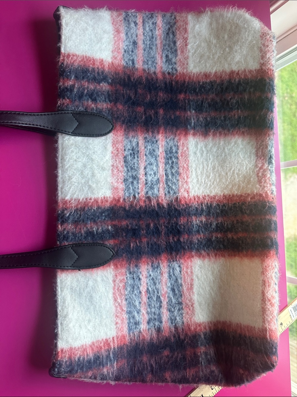 Urban Outfitters Plaid Wool Tote in Cream, Red & Gray with Black Handles